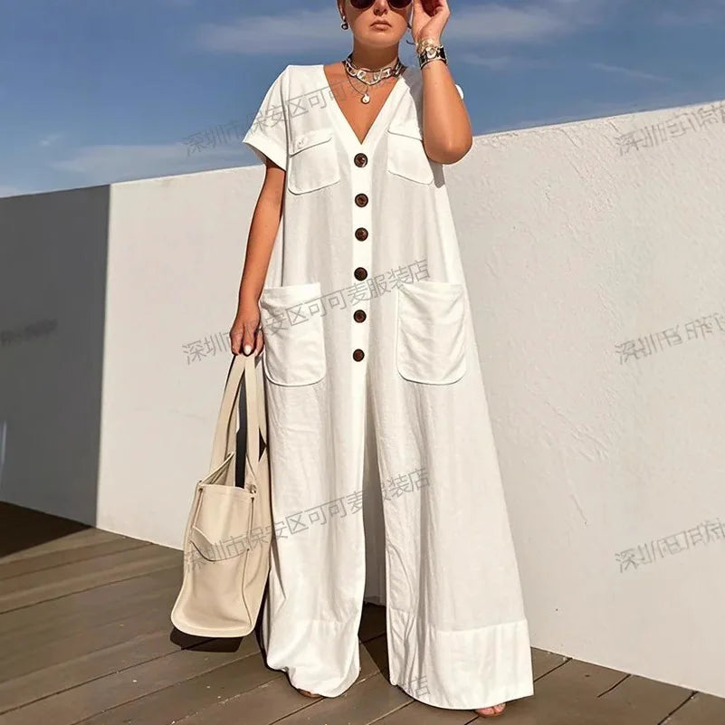 New Summer V-neck Single-breasted Women's Jumpsuits Fashion Pocket Elegant Rompers Casual Loose Oversized Women Jumpsuit.  S-2X