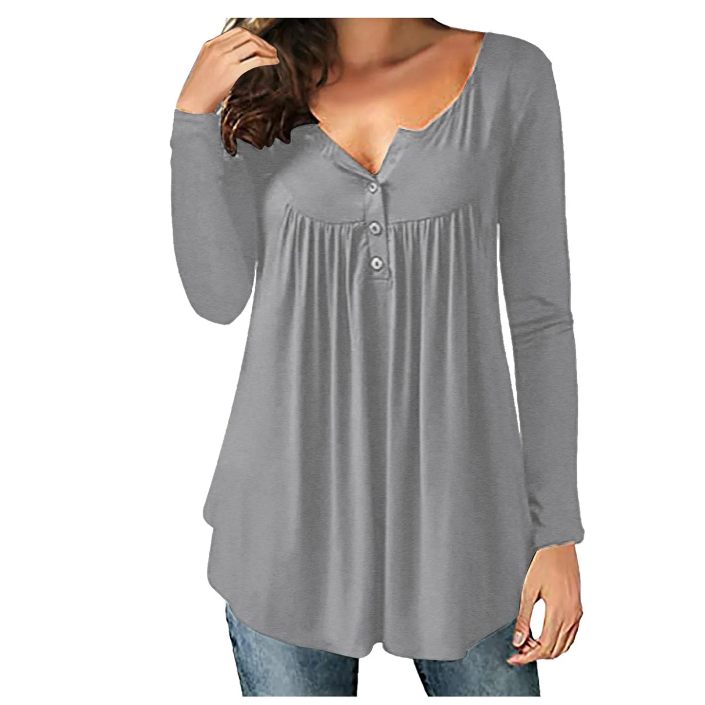 Summer Women Solid Print Tops Long Sleeve T-Shirts Tunic Pullover Button Round Neck Causal Blouse