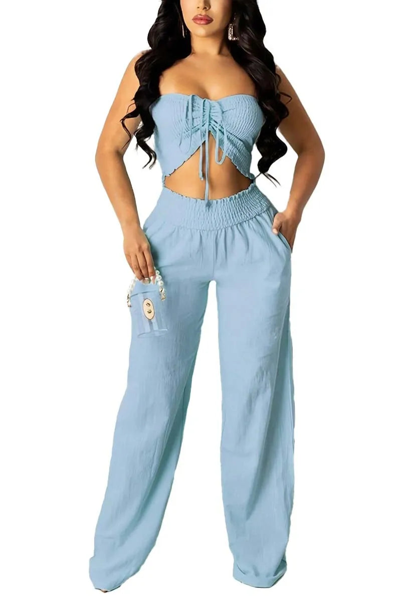 Women Two Piece Sets Halter Matching Sets Backless Short Top Wide Leg Long Pants Elastic Waist Casual Wear