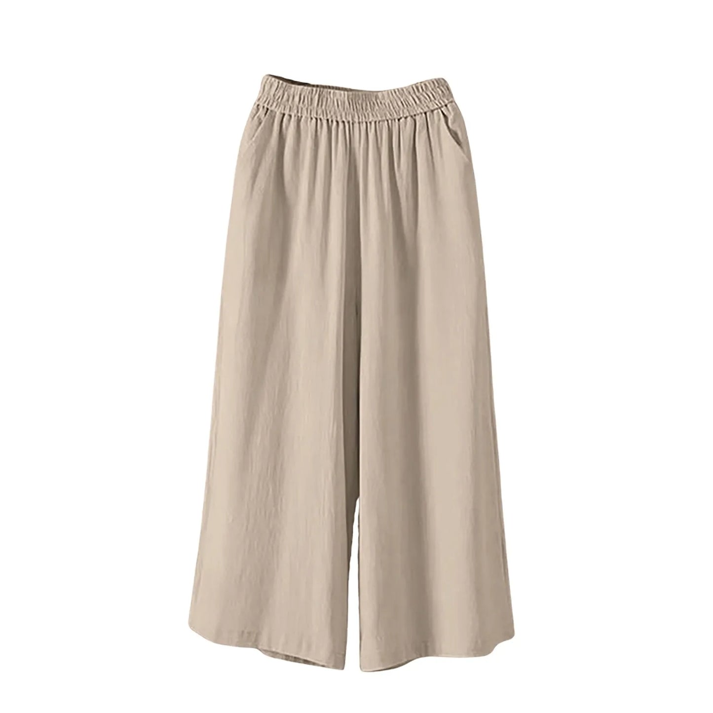 Plus Size Casual and Versatile Lazy Style Wide Leg With Pockets Lightweight High Waist Loose Cropped Capris.   L-3X