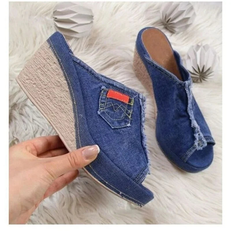 Women's Summer New Denim Western Style Fashion Retro Wedge Platform Peep Toe Sandal Mules.  35-43