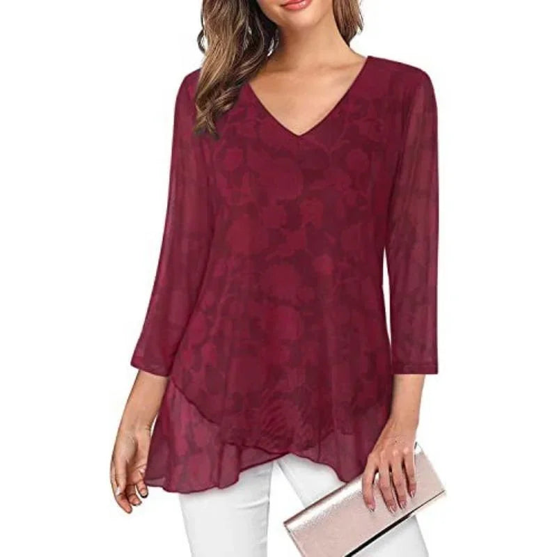 Women's V Neck Asymmetric Blouse.  S-2X