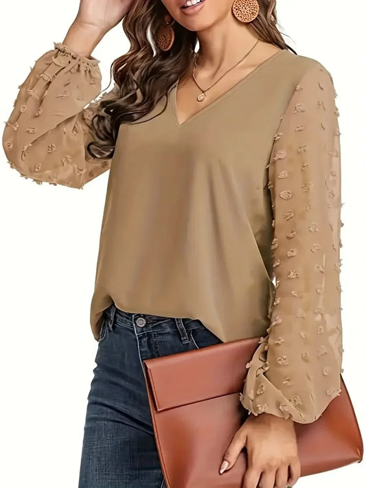 Plus Size 1XL-5XL Women's Polka Dot Sleeved Long Sleeved Casual V-neck Solid Colour Sleeves Semi Transparent Shirt