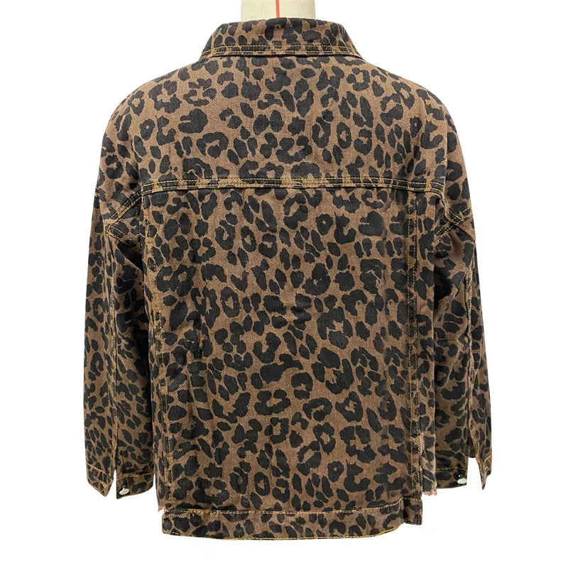 Fashion Leopard Print Tassel Hem Casual Lapel Single-breasted Denim Jacket.  S-XL