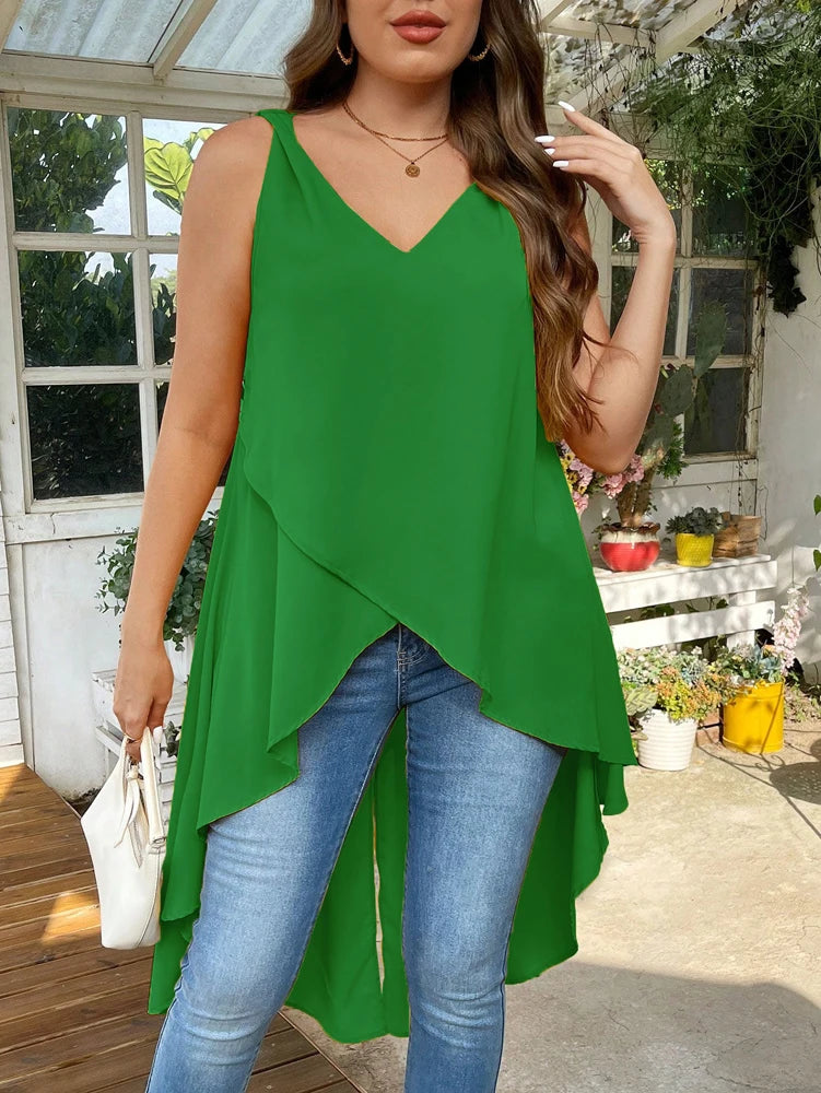 Plus Size Women's 2025 Summer New Wrap Edge Sleeveless High Low Hem Tank Top V Neck Solid Colour Stylish Top