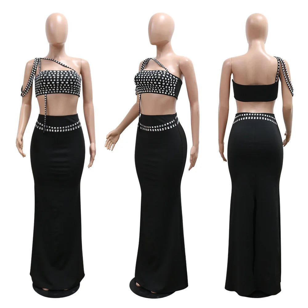 Rhinestone 2 Piece Skirt Set Elegant Luxury Long Skirt Summer Outfit Crop Top Two Piece Set.  S-2x