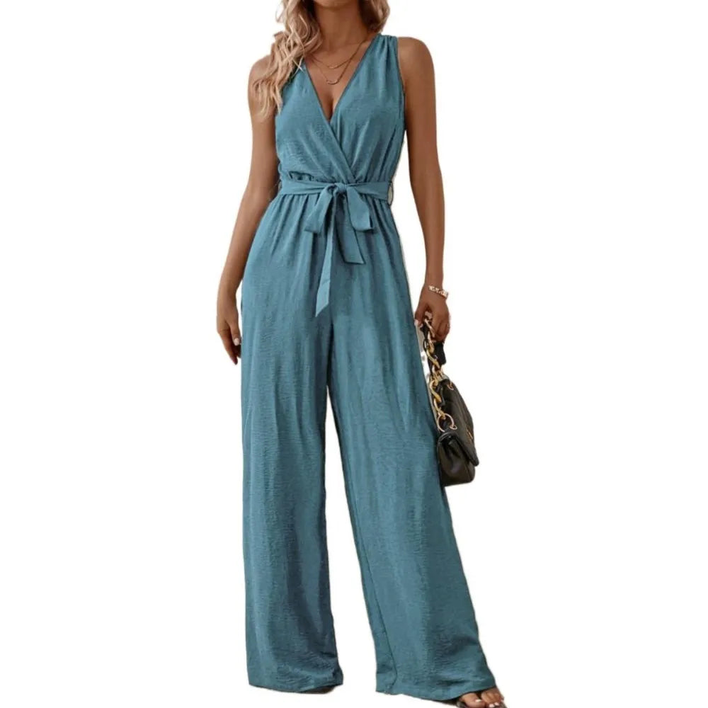 Casual Fashionable Sexy Slim Deep V-neck Sleeveless Women Wide-leg Jumpsuit Spring Summer New Solid Colour Jumpsuit.  S-XL