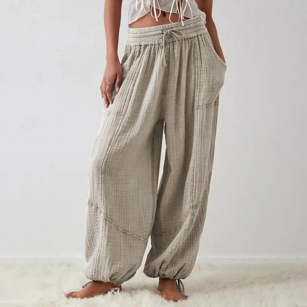 Ladies Harem Pants Summer Casual Vintage Cotton Linen Elastic Waist Wide Leg Fashion Loose Fit Pockets Female Trousers S-3XL