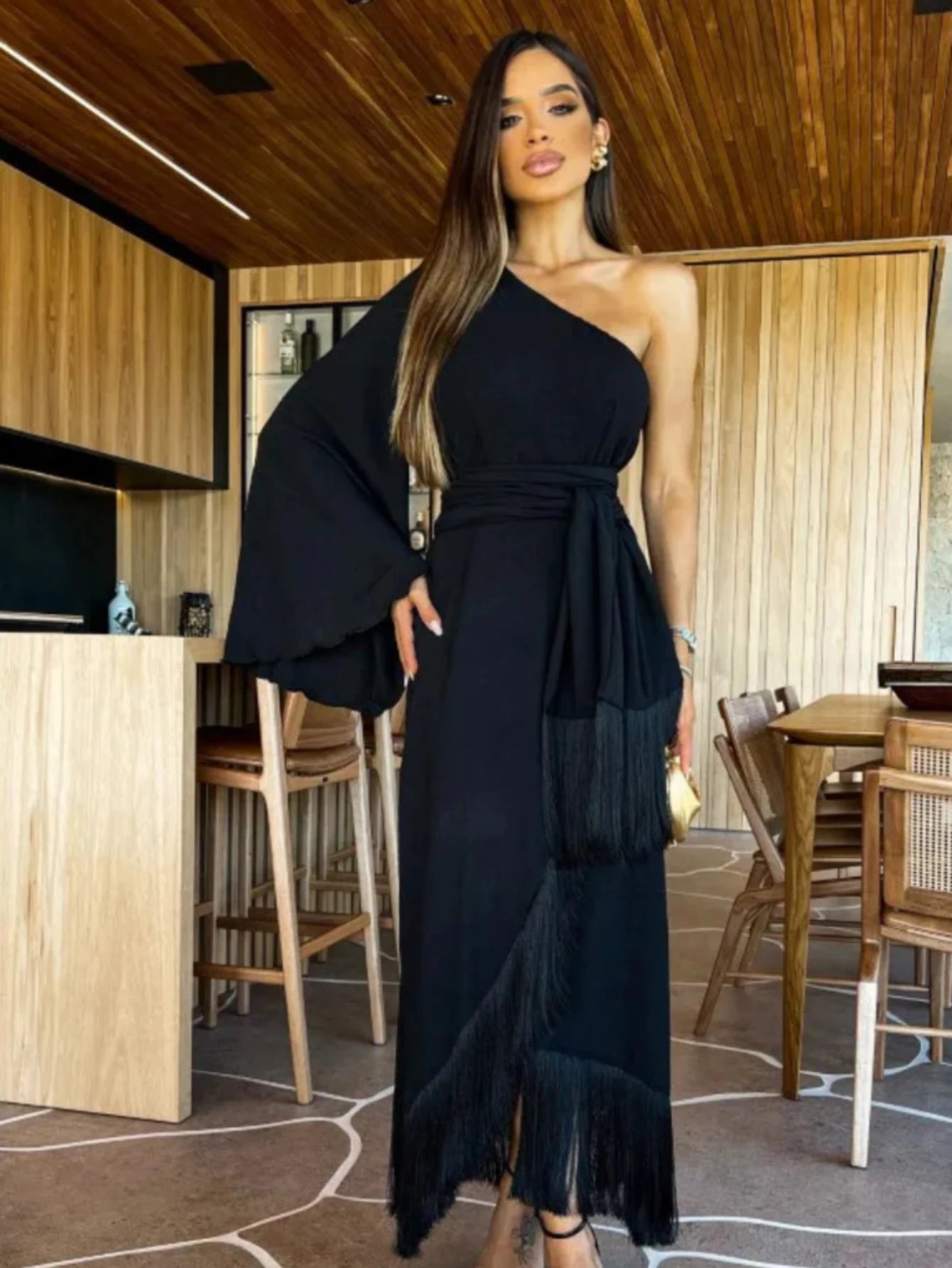 New Solid  Women's One-Shoulder Sexy Lady Long Slit Ruffled Tassel Swing Evening Dress.  S-XL