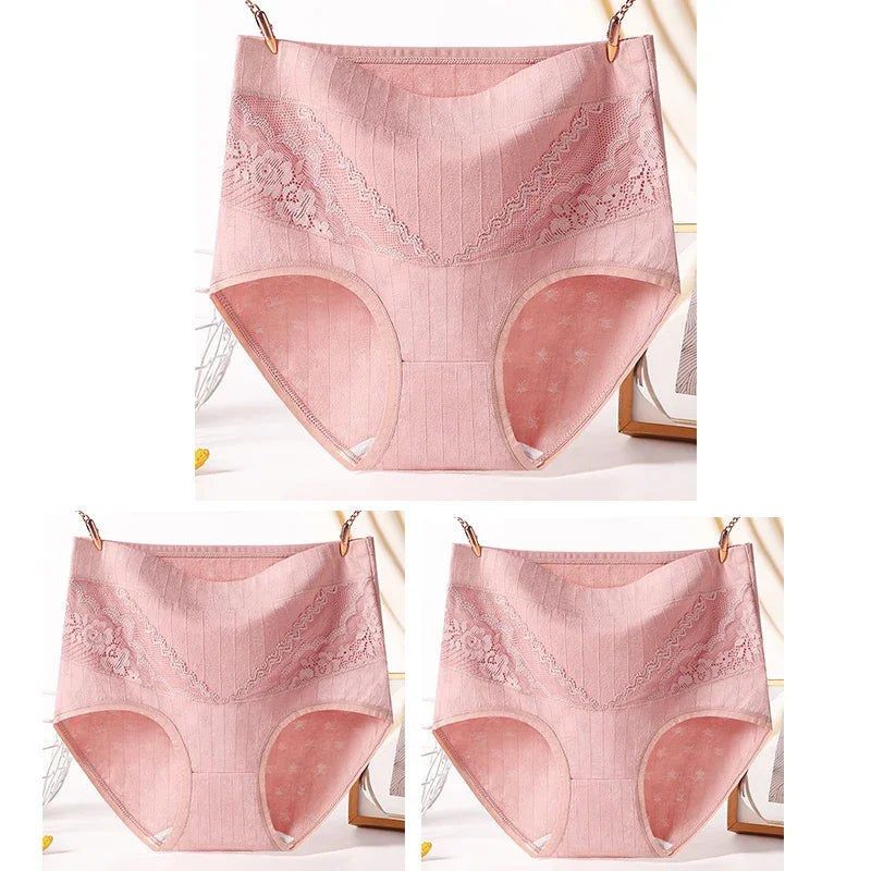 3pcs Curvy Size High Quality Cotton Underwear Lace High Waist Breathable Solid Colour.