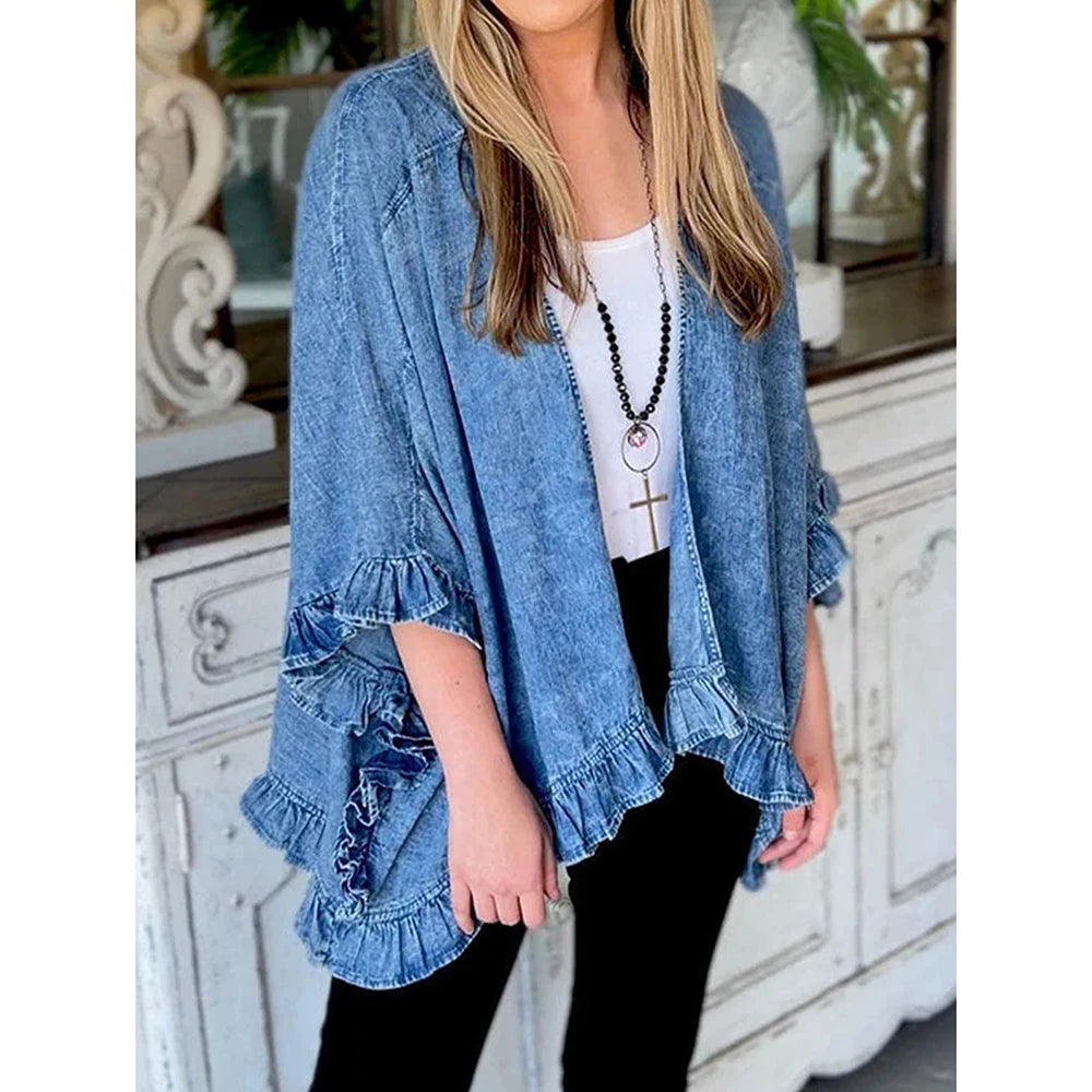 Women Plus Size Denim Jacket Splicing Pocket Ruffle 3/4 Sleeves Loose Irregular Hem Washed Summer 2025 Vintage Female Cardigan.