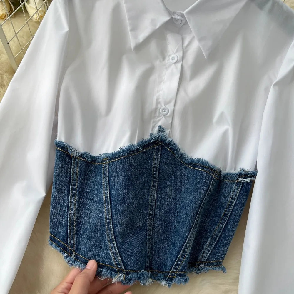 Women Two-Piece Western Style Shirt and High Waist Split Skirt.