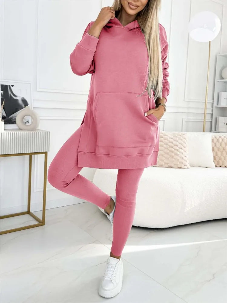 New Casual Hoodie Women's Solid Colour Simple Fashion Pocket Thick Thread Casual Leggings 2 Piece Set.  S-3x