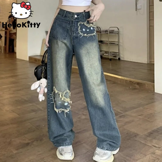 Ladies Hello Kitty Korean Version Street wear Jeans Vintage Blue Loose Cut.