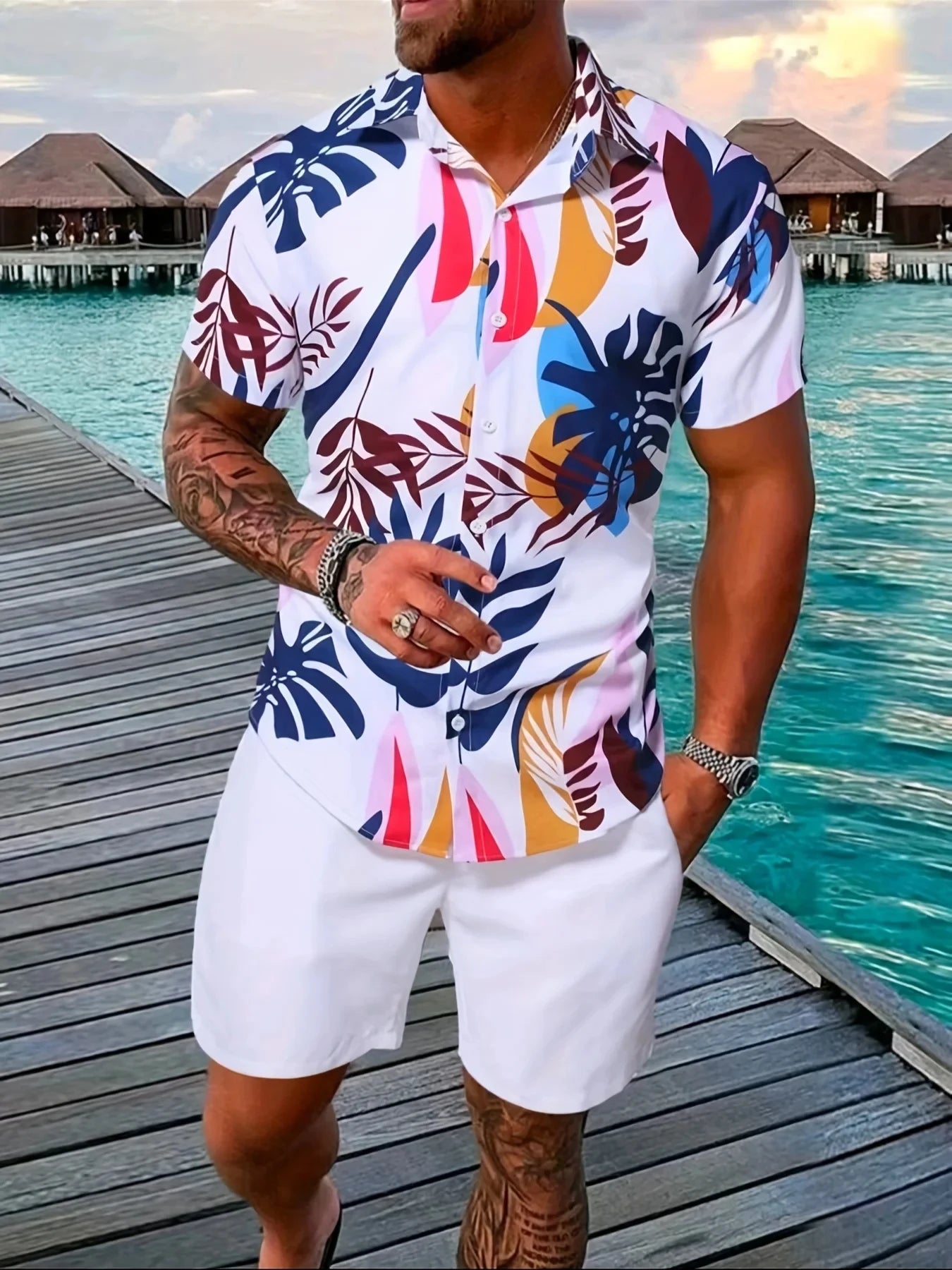 Men 2PCS Fashion Shirts+Shorts Hawaii Beach lapel Shirt Set.  S-5X