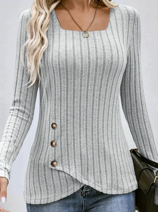 Square Neck Solid Ribbed Button Decor Top, Casual Long Sleeve Top. S-xxL