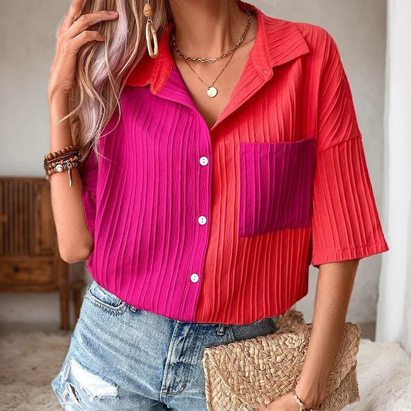 Fashion Chic Single-breasted Shirt Casual Loose Turn Down Collar Contrast Colour Stitching Pocket Short Sleeve Shirt For Women