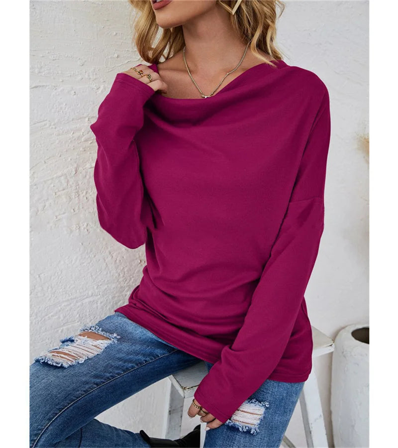 European women's long-sleeved fashion solid colour loose round-necked shirt.  S-2X