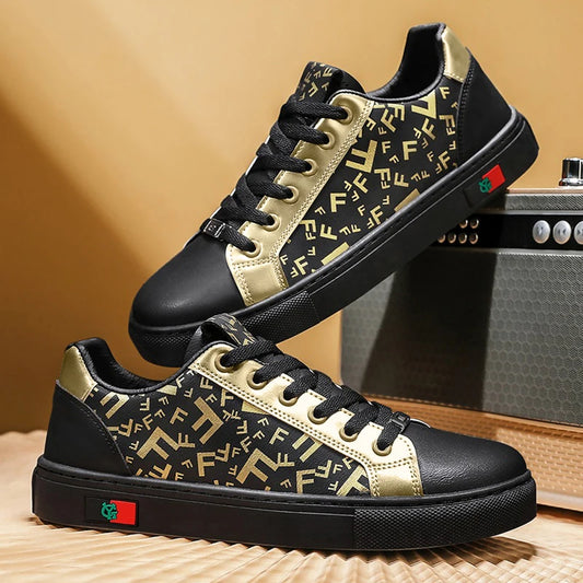 Luxury Black Gold Men's Sneakers - Designer Street Style Casual Shoes