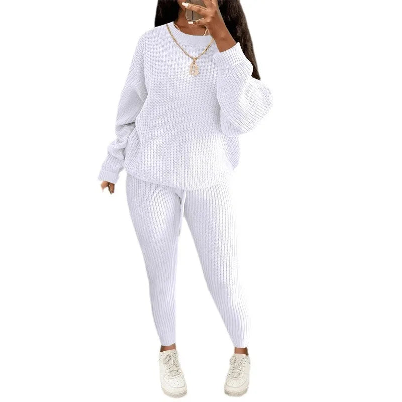 Two Piece Women Autumn Fashion Casual Solid Round Neck Pullover Loose Pit Knitted Sweater Pants Suit.  S-3XL