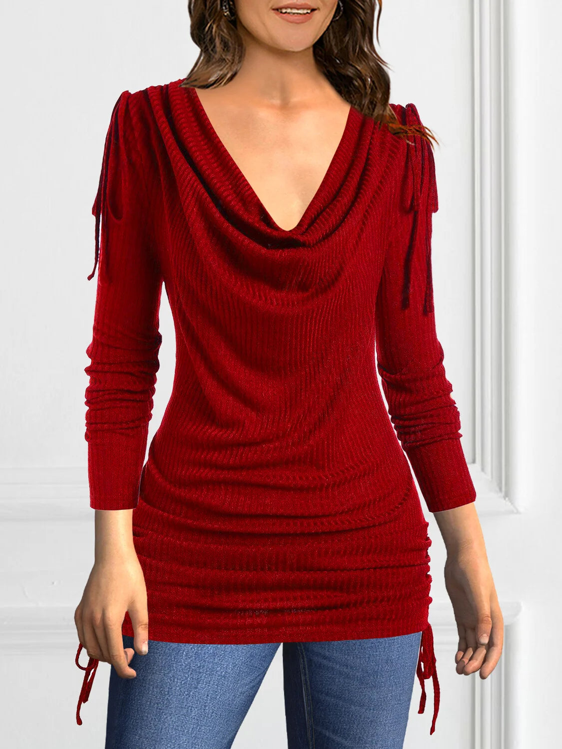Women Plus Size Elegant T-Shirt V-Neck Stripe High Elastic Lace-up Long Sleeves Spring Slim Office Ladies Casual Streetwear Tees