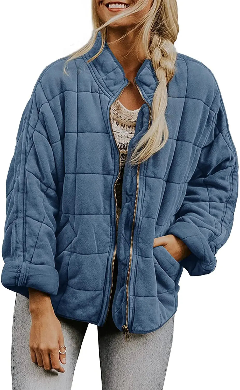 Solid Colour Stand-up Neck Cotton Jacket New Loose Pocket Long-sleeved.  S-2X