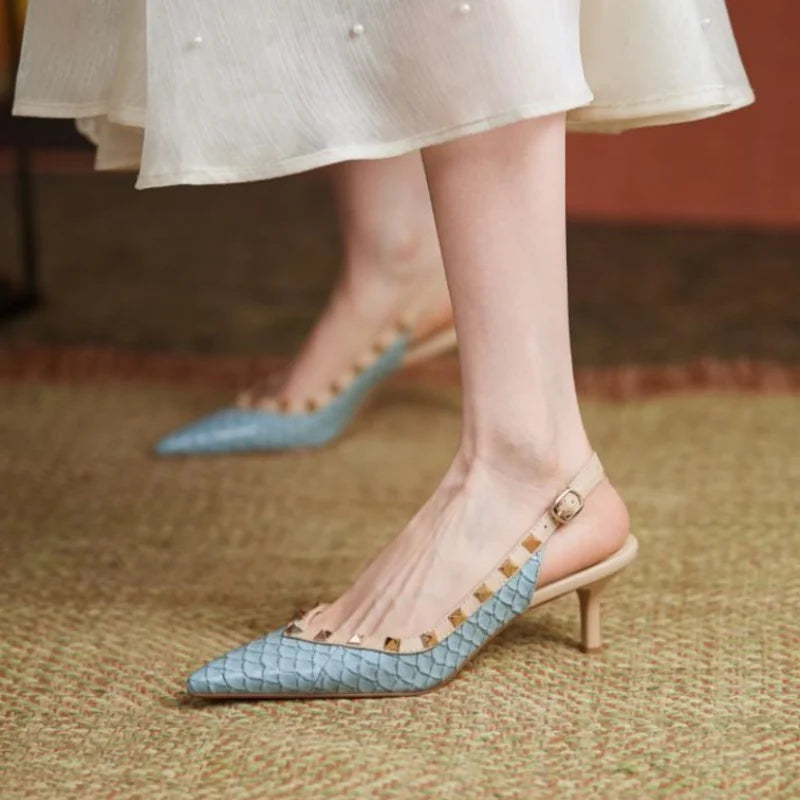 Sexy Women Sandals Rivets Pointed Toe Slingbacks Patent Leather Mid Heels Snakeskin Pattern Sandal
