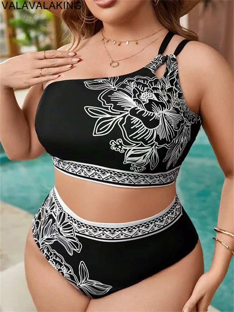 2025 Curvy Size One-shoulder Two Piece Bikini High Waist Swimsuit.