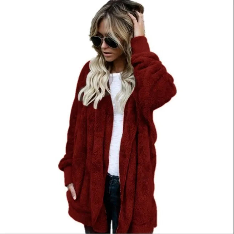 Double Fleece Cardigan Solid Colour Long Sleeve Plush Warm Hooded Lady Oversized Outerwear Coat.  S-5X
