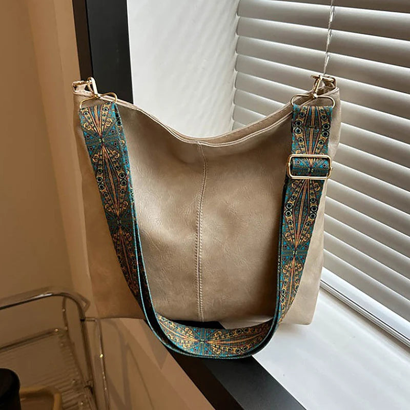 Versatile Geometric Strap Shoulder Bag Large Capacity Cross-body Retro Pu Leather Women's Bag