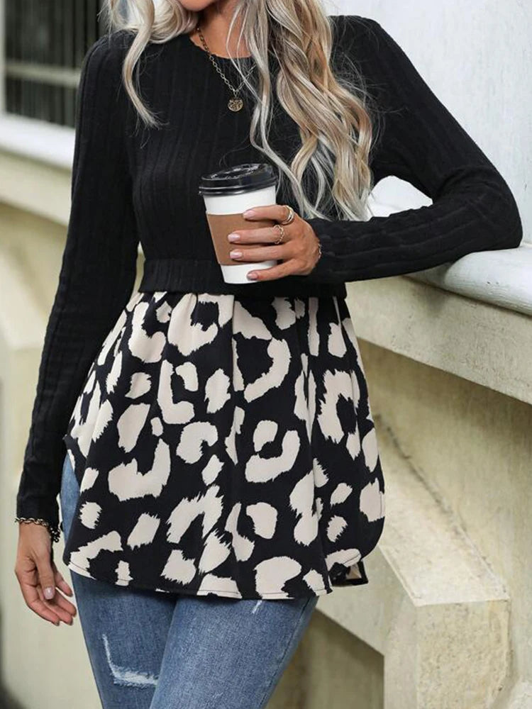 Women Autumn Round Neck Leopard & Knit Patchwork Long Sleeve Top S-XL