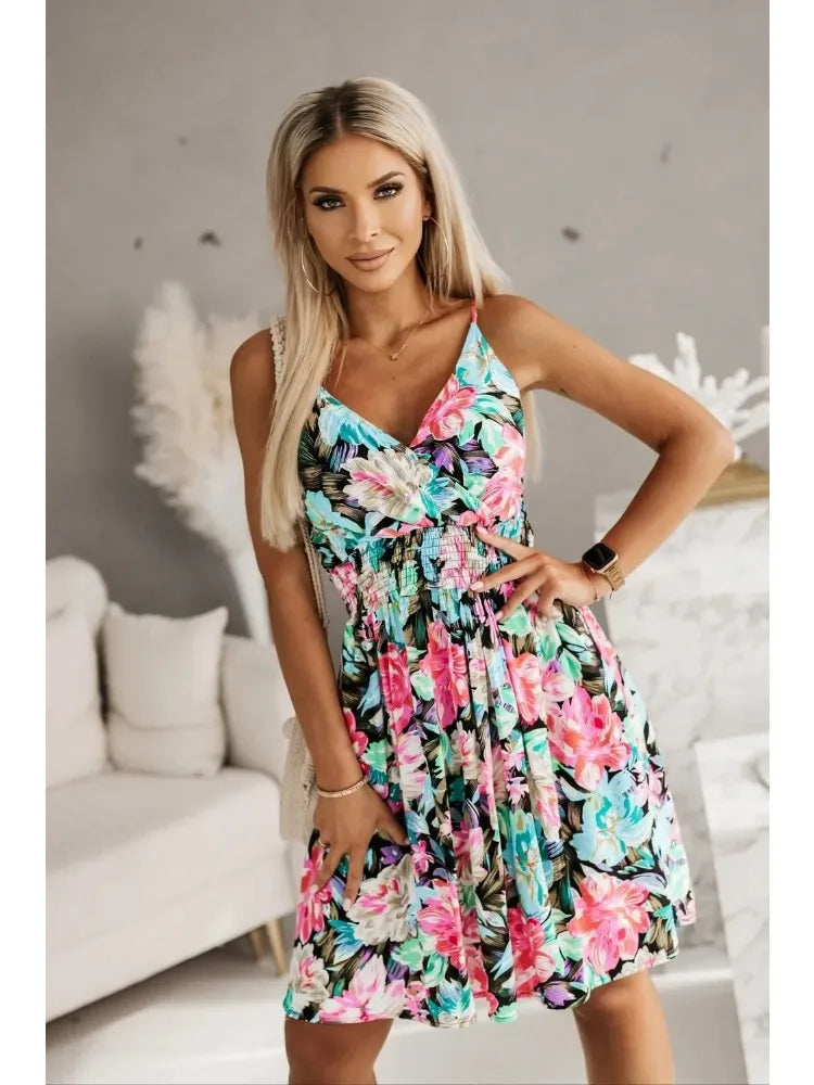 New Fashion Women's Pleated Floral Print Sexy Spaghetti Strap Sundress.  S-2X