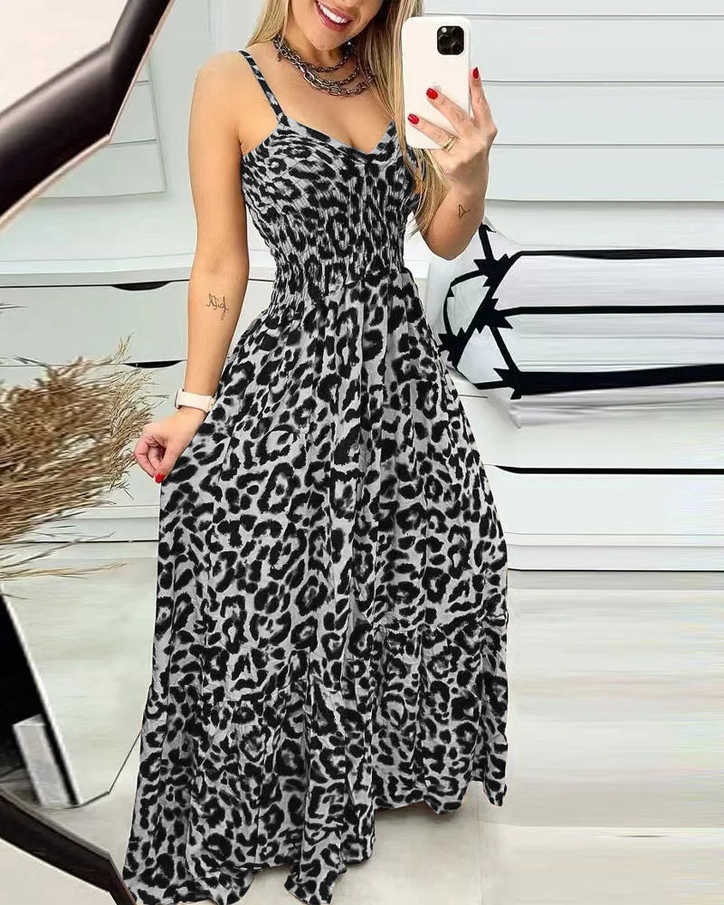 Women's Fashion Leopard Print Sexy Long Sling Summer Dress.   S-3X