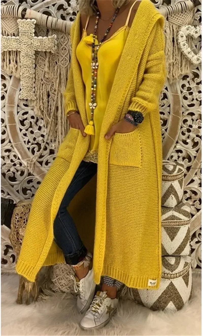 Long Sweater Women Knitted Cardigan Autumn Winter Solid Color Loose Hooded Pocket Casual Fashion Sweater.