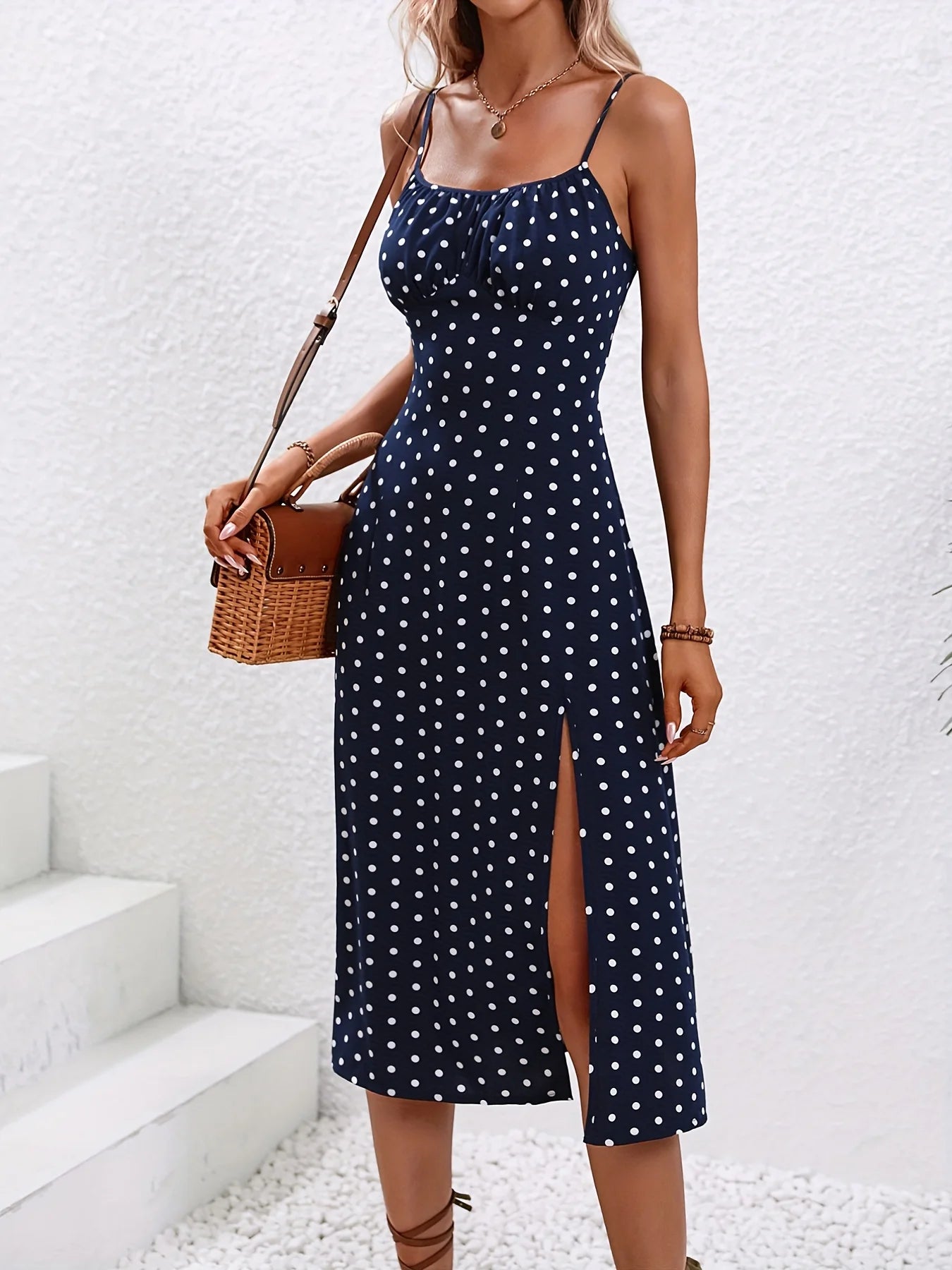 Women's Floral Print Spaghetti Strap Summer Boho Dress Elegant Square Neck Slit Dress.  S-2x
