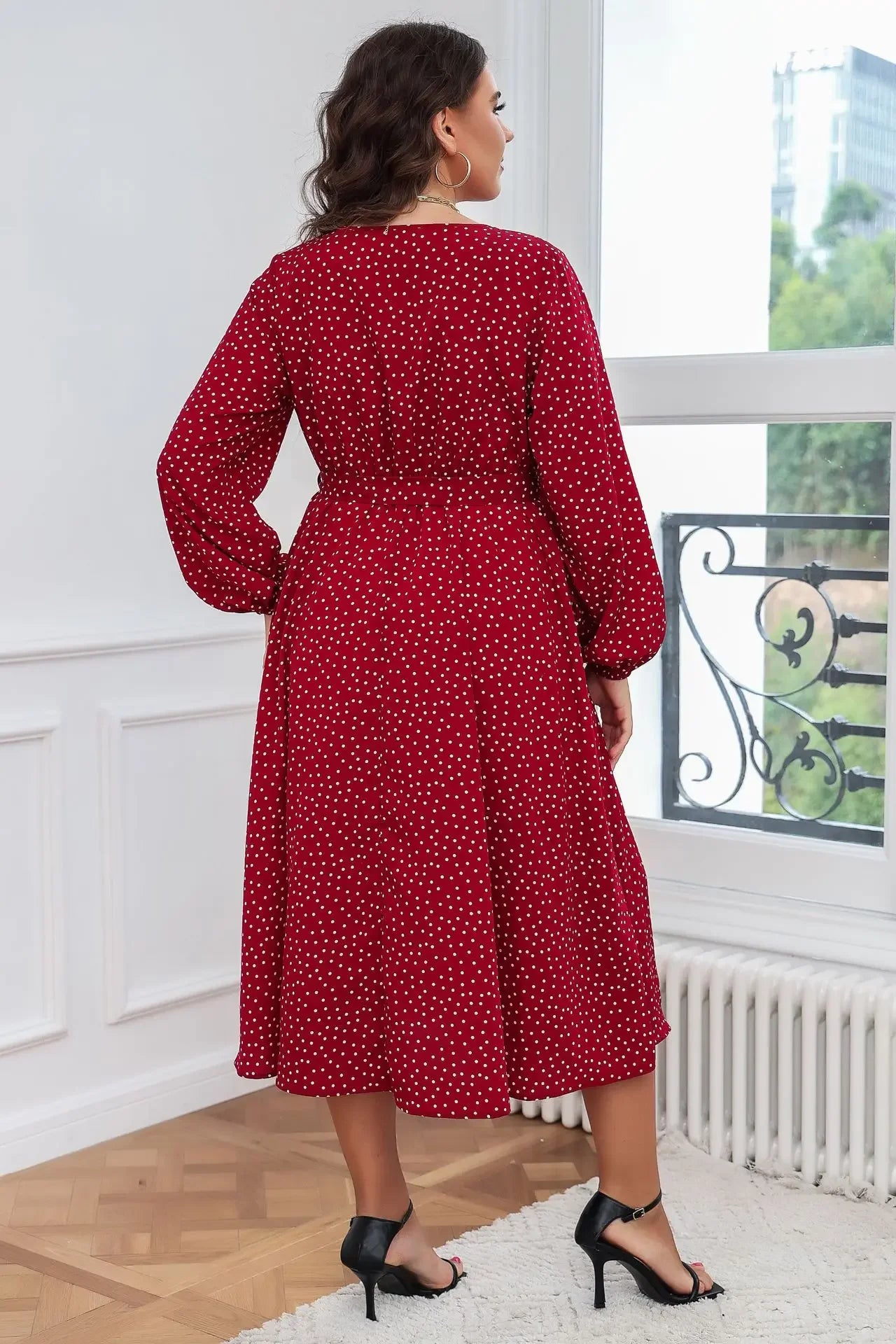 Plus Size Wrap V Neck Dresses Dotted Print Long Sleeves Boho Spring Fall A Line Swing Maxi Dress