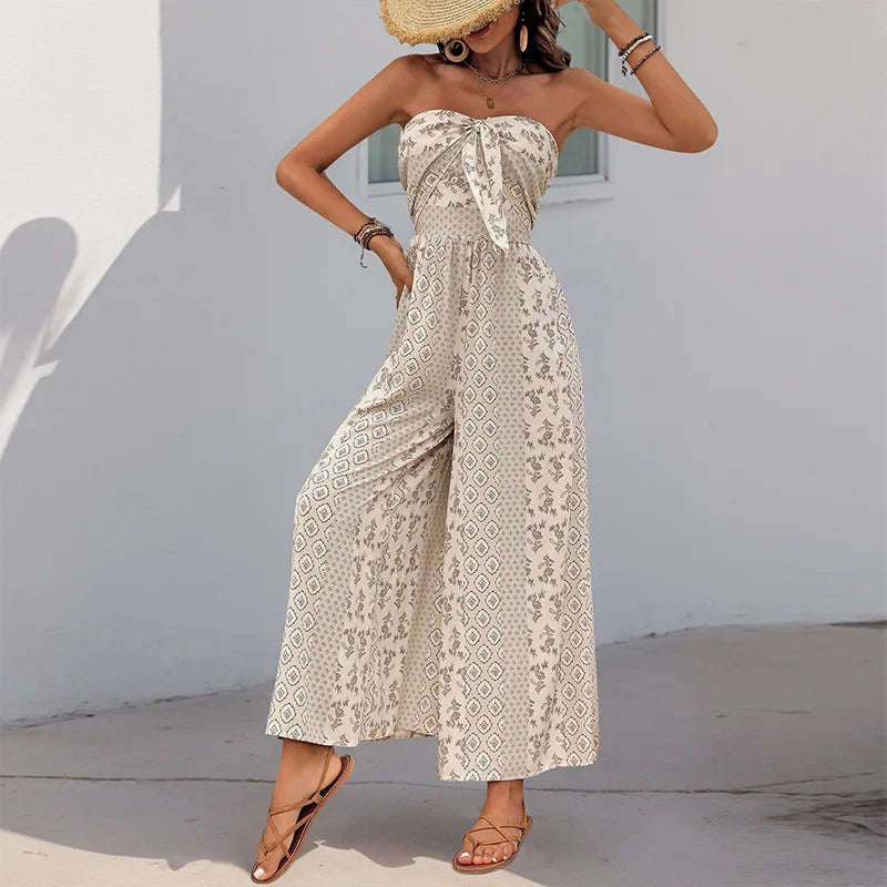 2025 New Summer Women's Jumpsuit Striped Flower Print Sleeveless Backless Elastic High Waist Loose Wide Leg Pants Jumpsuit