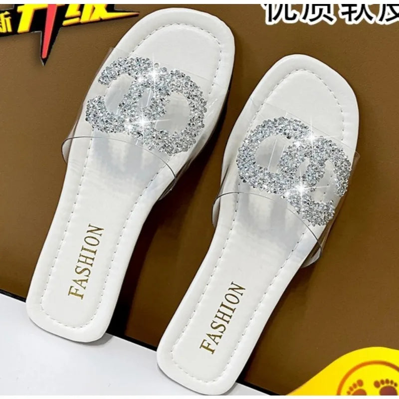 Women 2025 Hot Sale Slippers Flat Heel Soft Bottom Transparent Fashion Crystal Sandals Daily Commute All-match Shoes For Women