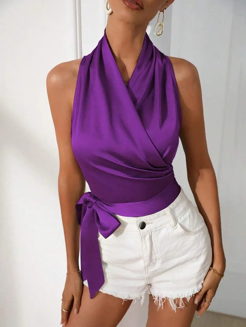 Elegant Neck Hanging Silk Satin 2025 Spring Summer Sexy Side Wrapped Blouse.  S-XL