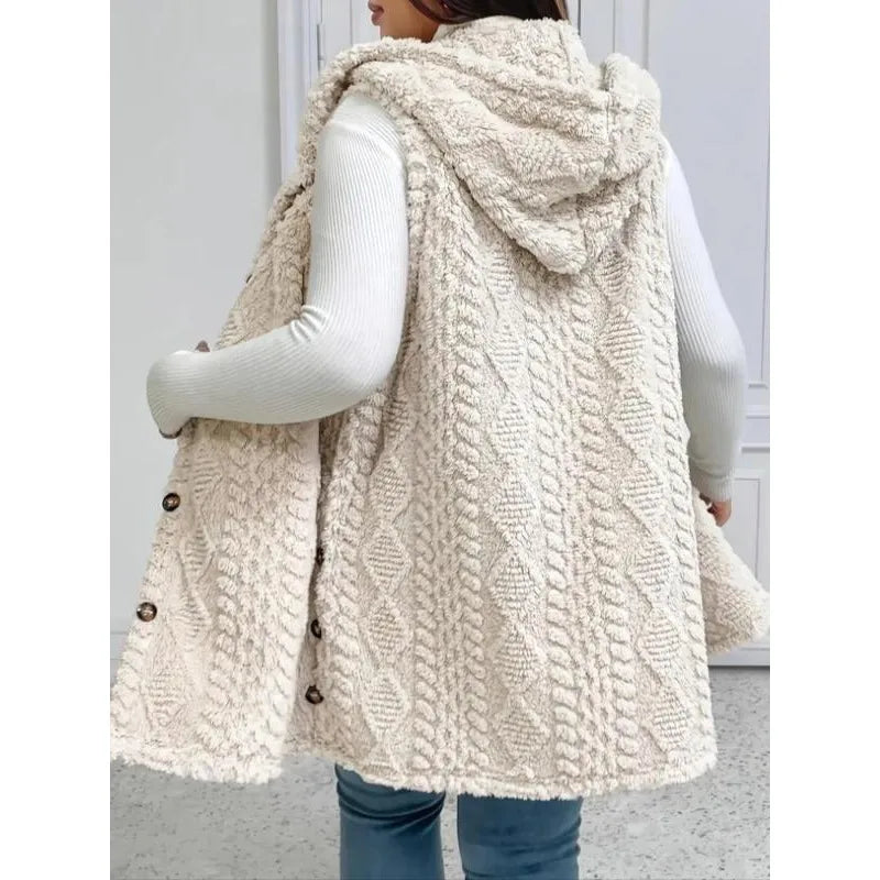 Plus Size 1XL-5XL Women's Textured Hooded Vest Sleeveless Hoodie Coat Button Down Faux Fur Coat.   1X-5X