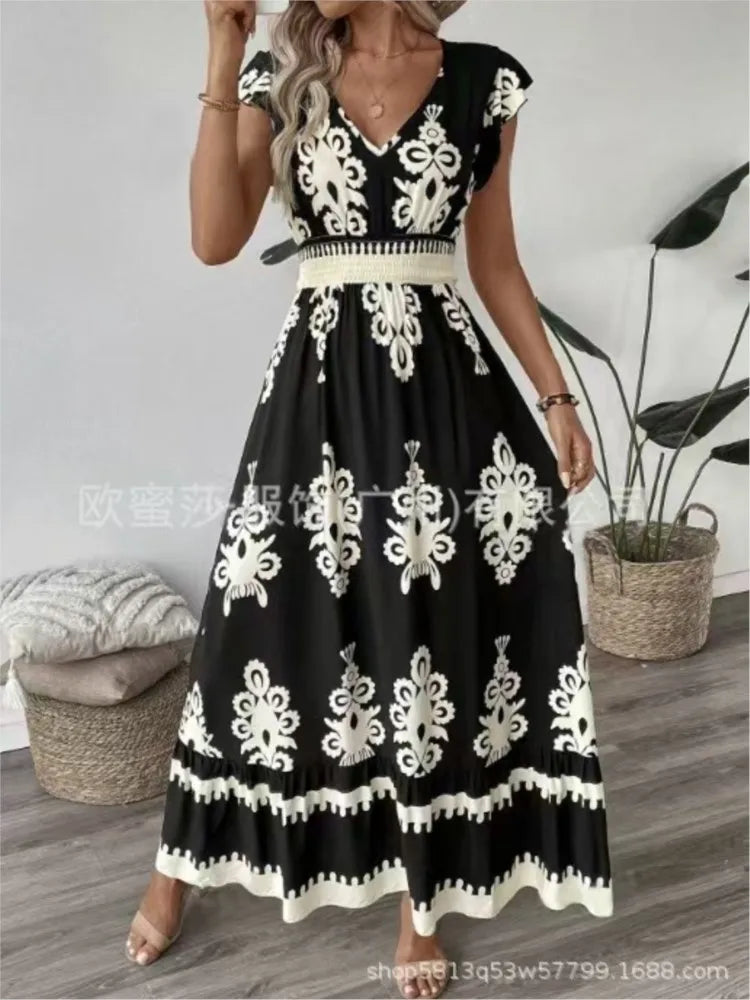 Women's Print Dress Summer Fashion High Waist Slim Body Casual V Neck Swing Elegant Ladies Long Dress.  S-XL