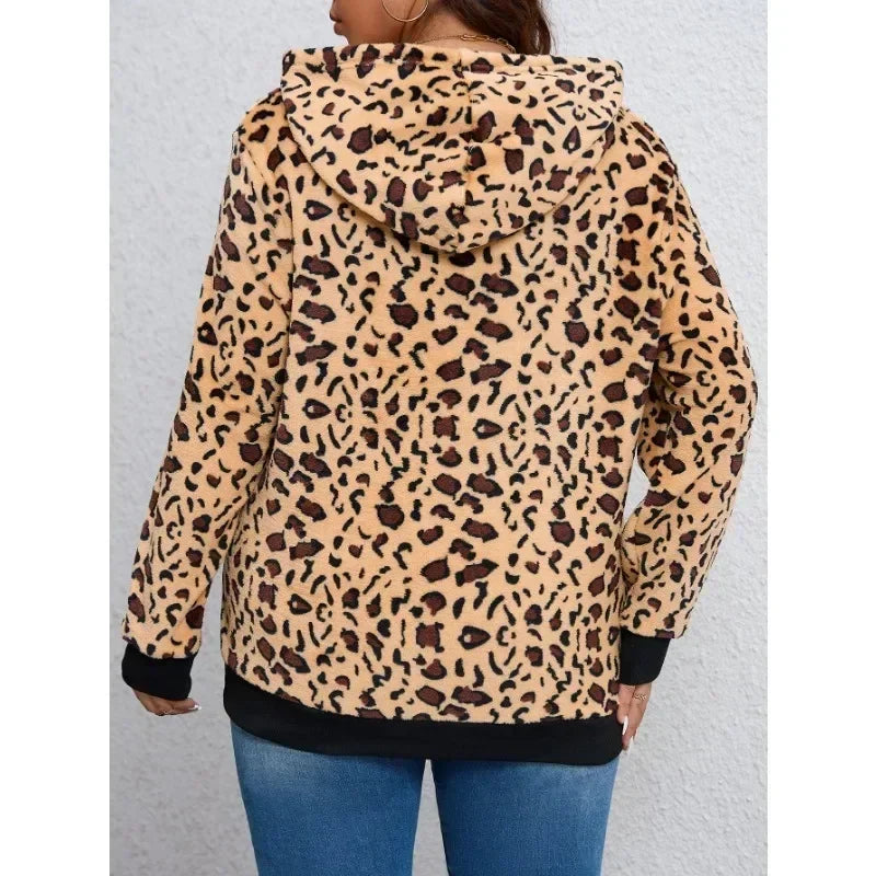 Plus Size Leopard Print Hooded Top - Women's Long Sleeve Hoodie (1X-5X)