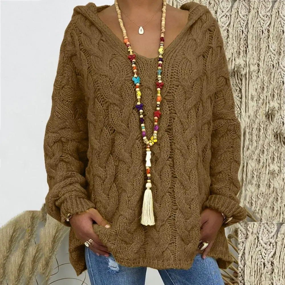 Hooded V-Neck Long Sleeves Twist Knitted Solid Colour Loose Sweater.  S-3x