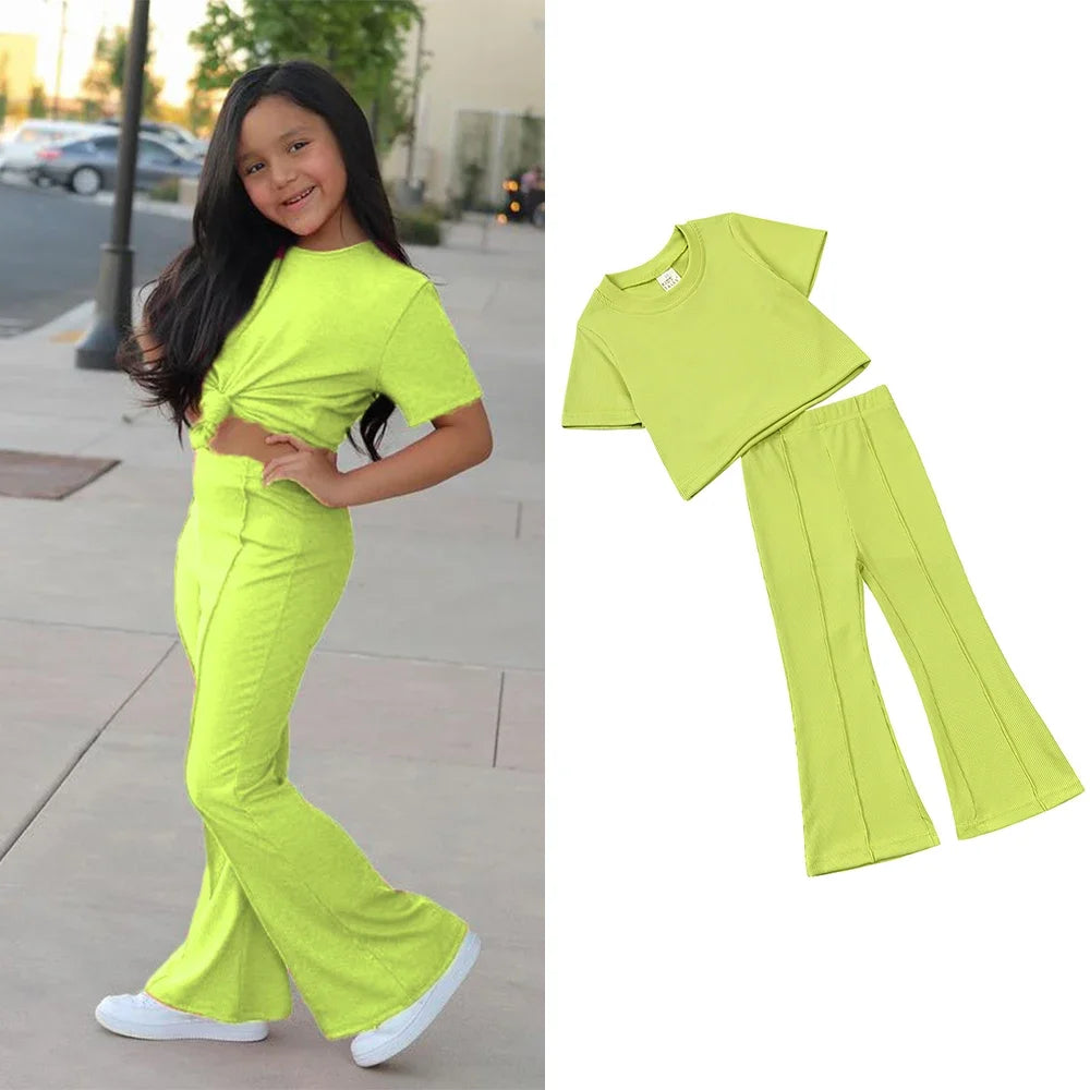 2025 Summer Girl Bell Bottom Outfits 2pcs Solid Cotton T-shirt Pants Suit For Children Teenage Girls Fashion Tracksuit Clothes