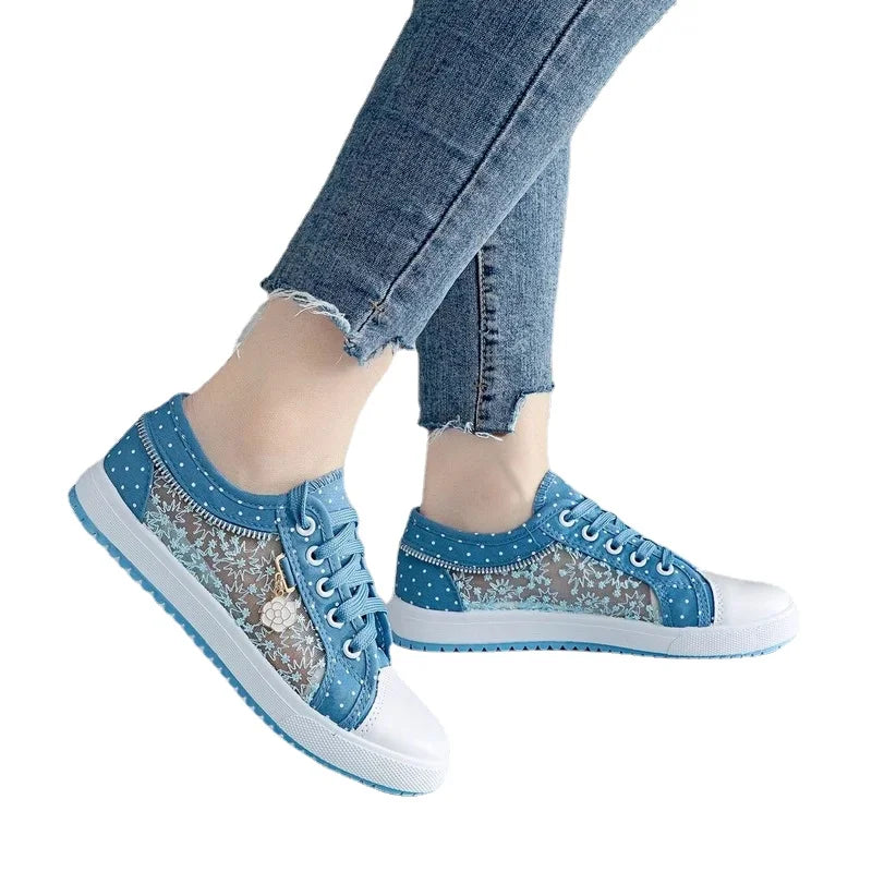Women's Hollow Denim Mesh Shoe Flat Casual Breathable Shoe .  кроссовки женские Scarpe Donna