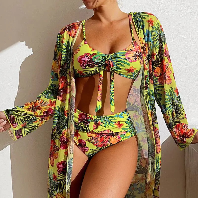 Three Piece Floral Printed Women's Bikini Set Wireless Bra with Pads Swimwear