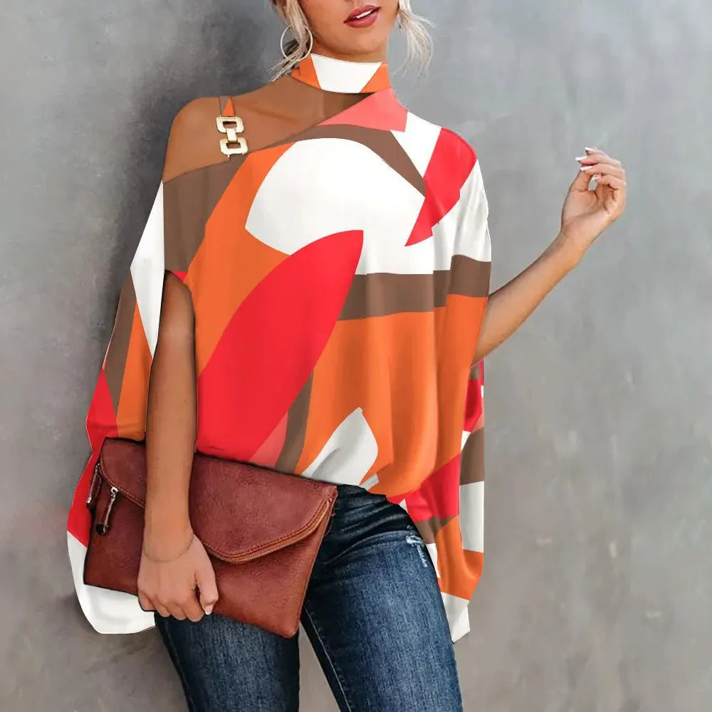 Sexy Halter Loose Blouse Elegant Print Off Shoulder Batwing Sleeve Summer Fashion.  S-2X