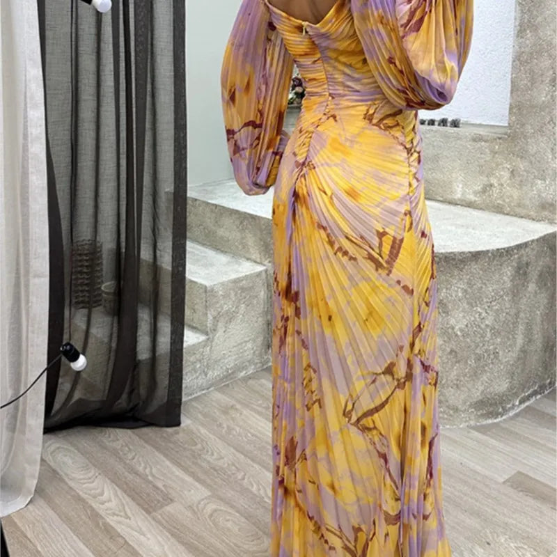 Women Floral Lantern Long Sleeve Dress Elegant Rhinestone Off Shoulder Maxi Sexy Deep V-neck Party Dress.  S-XL