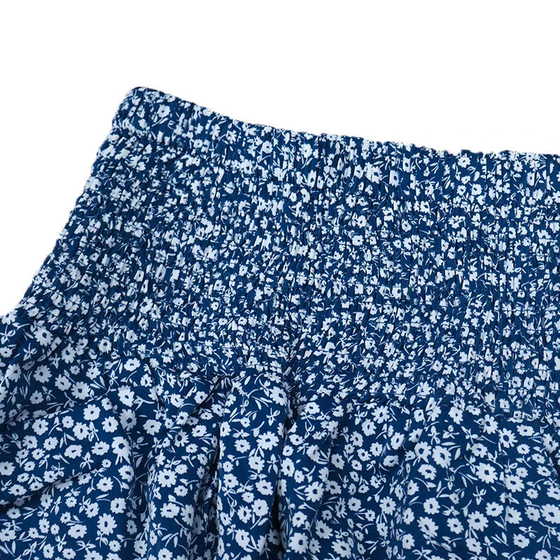Blue Floral Pleated Mini Skirt Ruffled Edge Fashionable Floral High Waist Skirt Bohemian Style.  S-xL