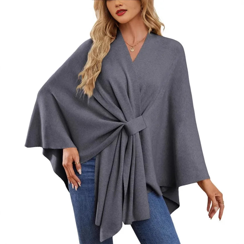 Women's Trendy Autumn And Winter Loose Elegant Shawl Wrap Casual Solid Colour Soft Open Front Poncho.